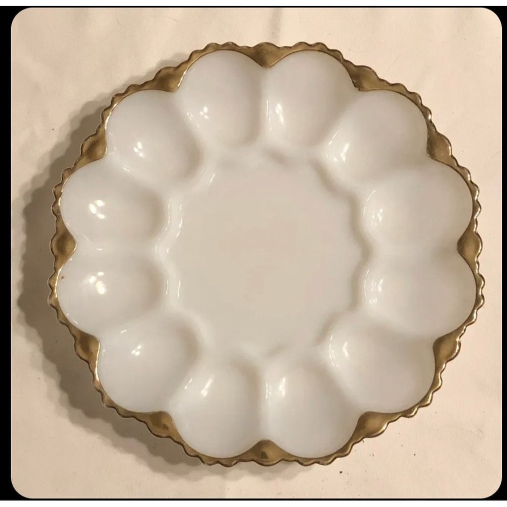 Vintage Anchor Hocking Milk Glass Deviled Egg Plate with Gold Trim Ornate Bottom